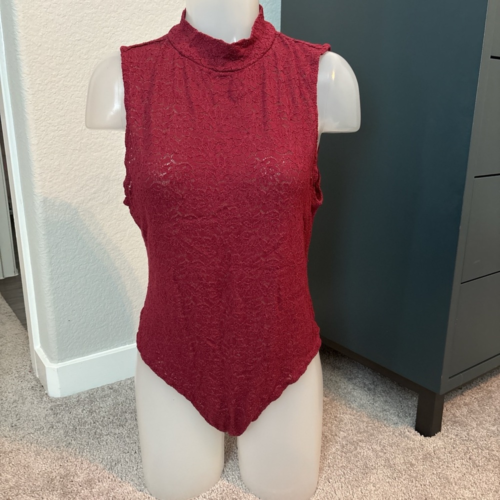 Free People Burgundy Stretch Lace body suit